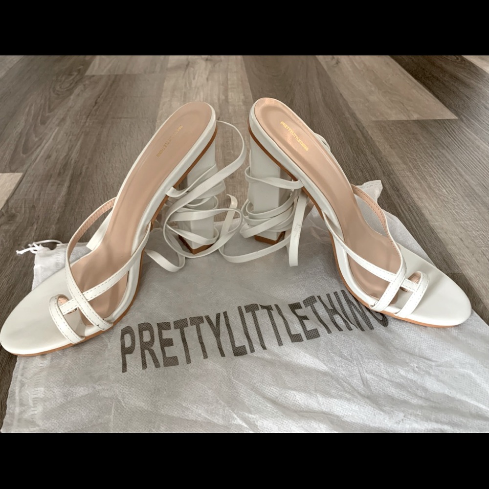 PrettyLittleThing, White Chunky lace up heels size 9